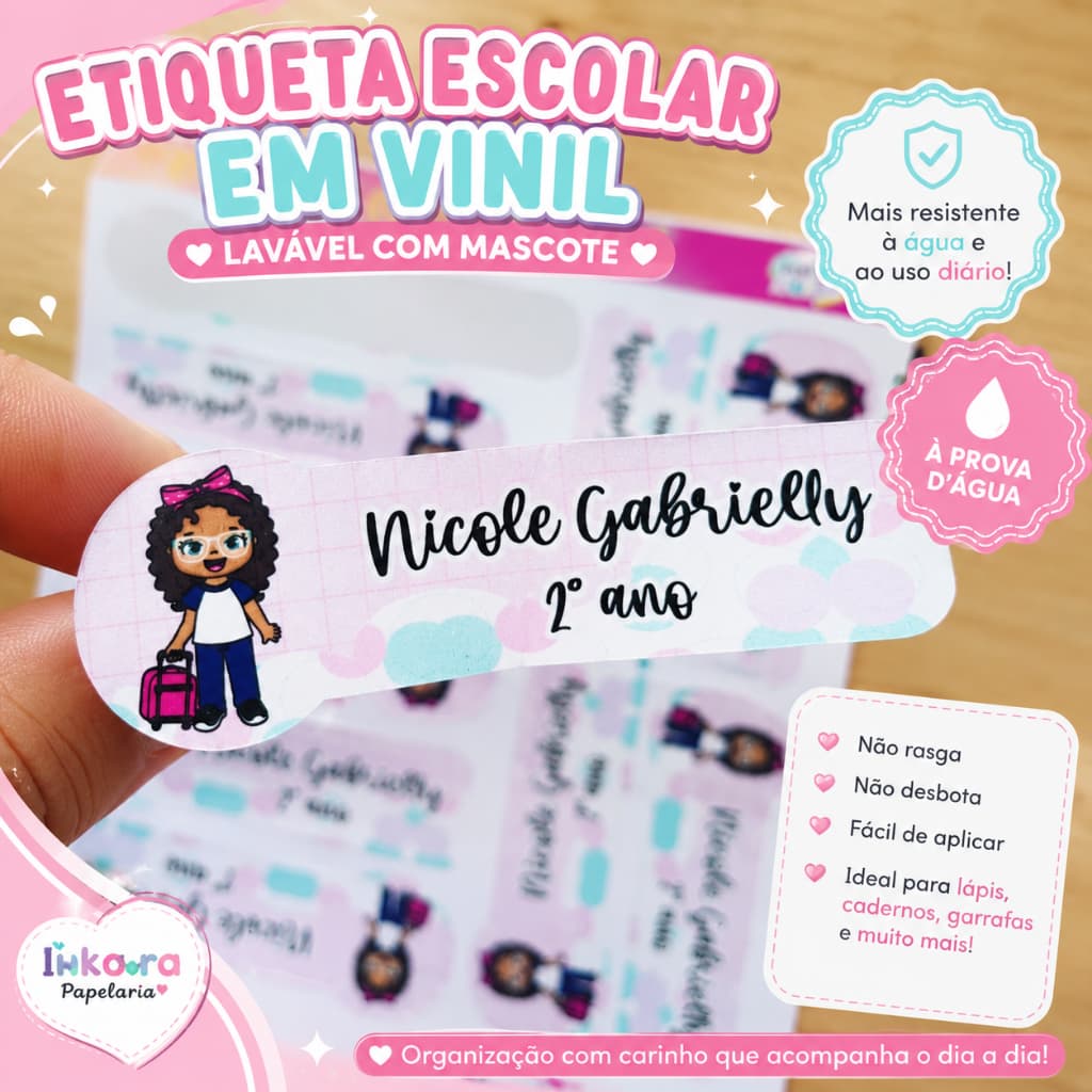 ETIQUETA ESCOLAR EM VINIL LAVAVÉL COM MASCOTE  | ETIQUETA ESCOLAR VINIL | ETIQUETA LAVAVÉL