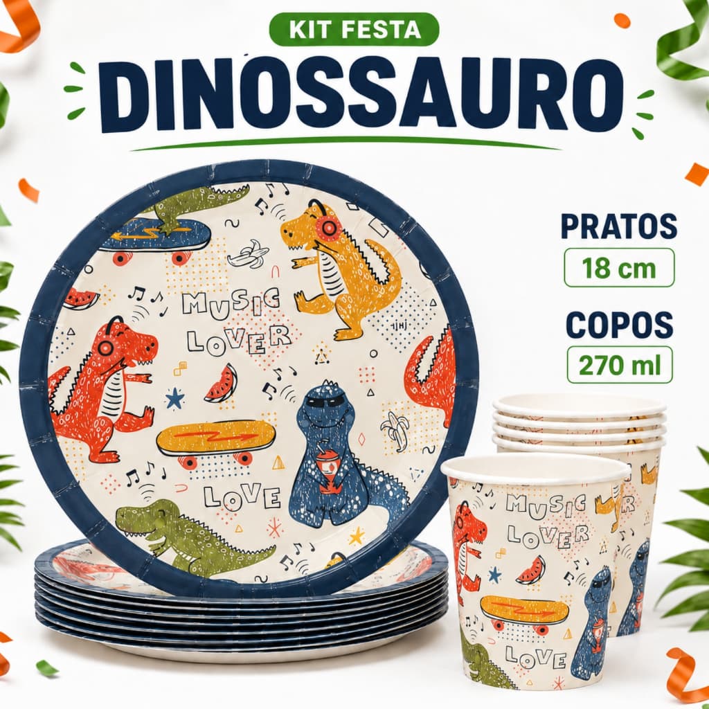 Kit 8/16/24 Prato Copo Descartável Papel Dinossauro Baby Aniversário Infantil Ecológico