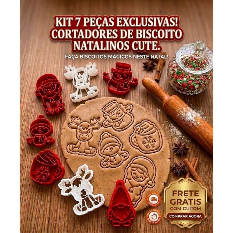 Kit Cortadores de Biscoito Natal | 7 Peças cortador e carimbo Modelador de Cokies | Tema Natalino