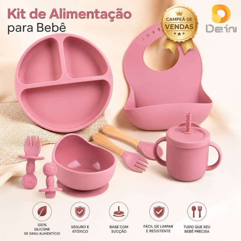 Kit de Alimentação para Bebê de Silicone 8 e 6 Peças Infantil Ventosa Canudo Colher Babador Garfo