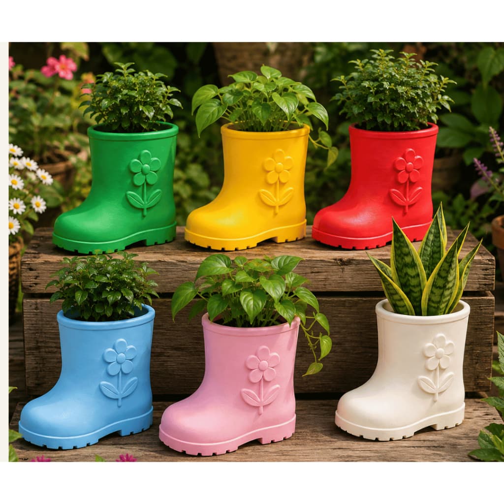 Kit 3 Vasos Decorativos Bota Coloridos com Flor para Plantas