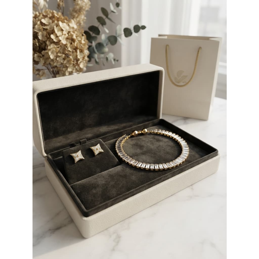 Kit Pulseira + Brincos Brilhantes Riviera Baguetes Delicadas Conjunto Feminino para Festa, Casamento e Formatura