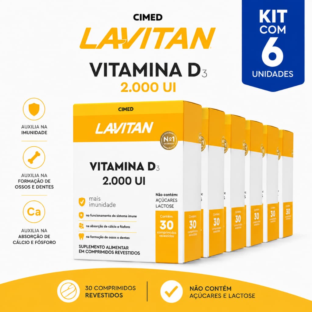 Kit 2 3 6 Lavitan Vitamina D 2.000 UI D3 Cimed 30 Comprimidos – Imunidade, Ossos e Dentes - Original