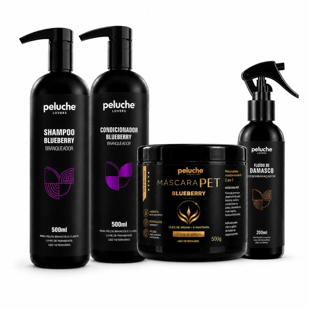 Kit Hidratação para Cachorro Shampoo Branqueador Condicionador Máscara Desembaraçador Peluche Pelos Claros
