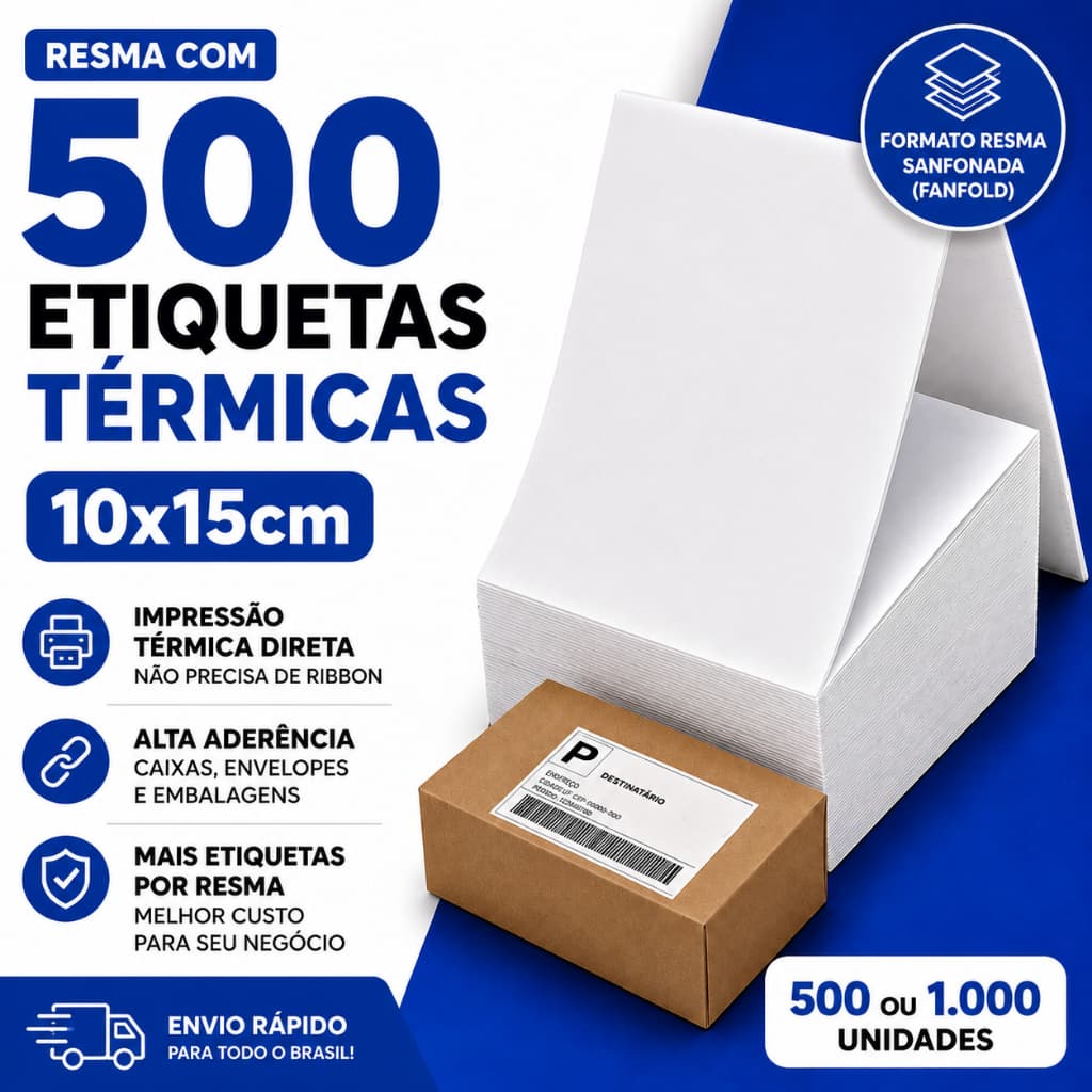Etiquetas Térmicas 10x15 Adesiva Resma Sanfonada Serrilhada Sem Ribbon 500 Unidades Impressora