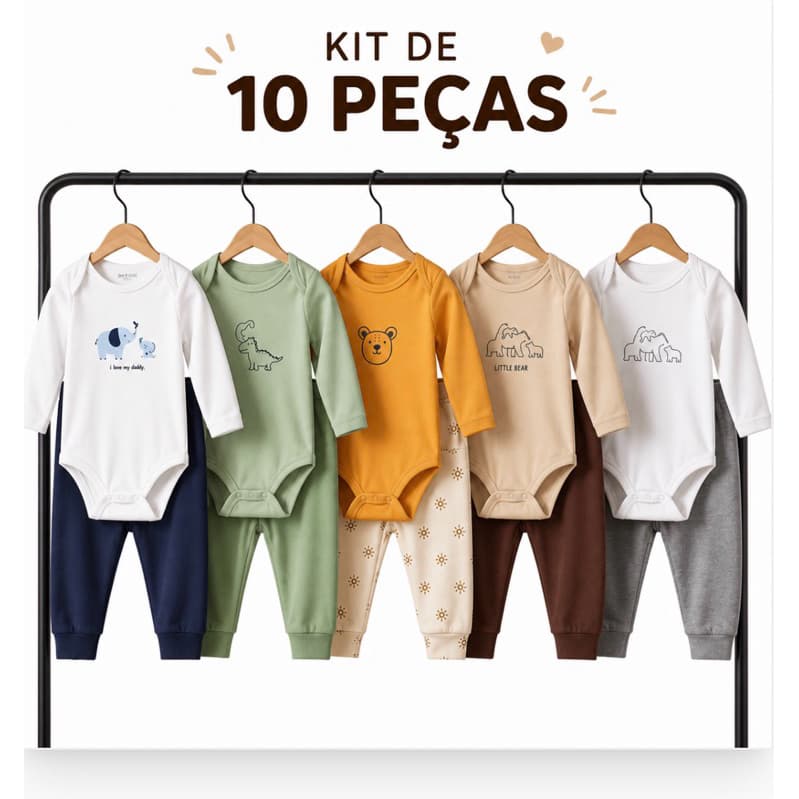 kit Manimalista 10 Peças Body Bebê Menino Manga Longa RN ao GG