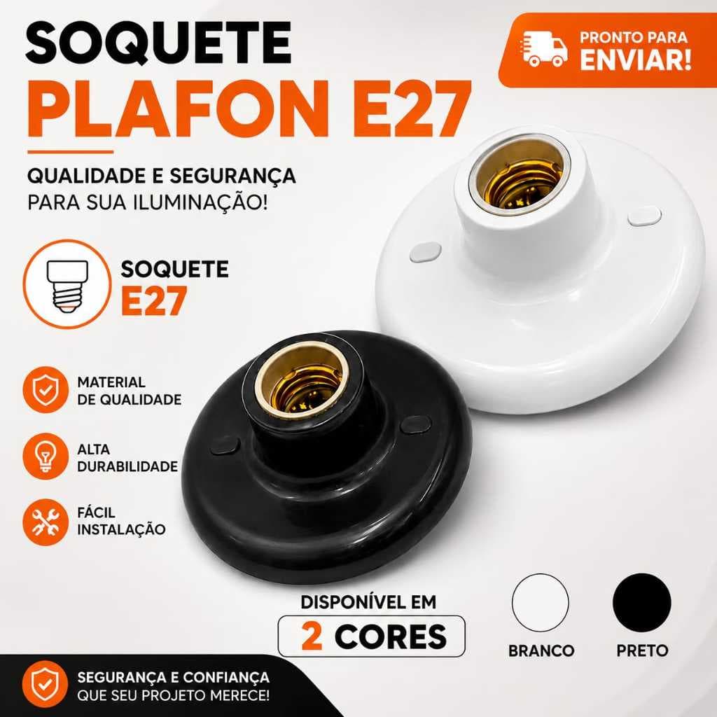 Plafon Redondo Luminária Soquete E27 Plafonier Bivolt Bocal de Teto Preto Branco