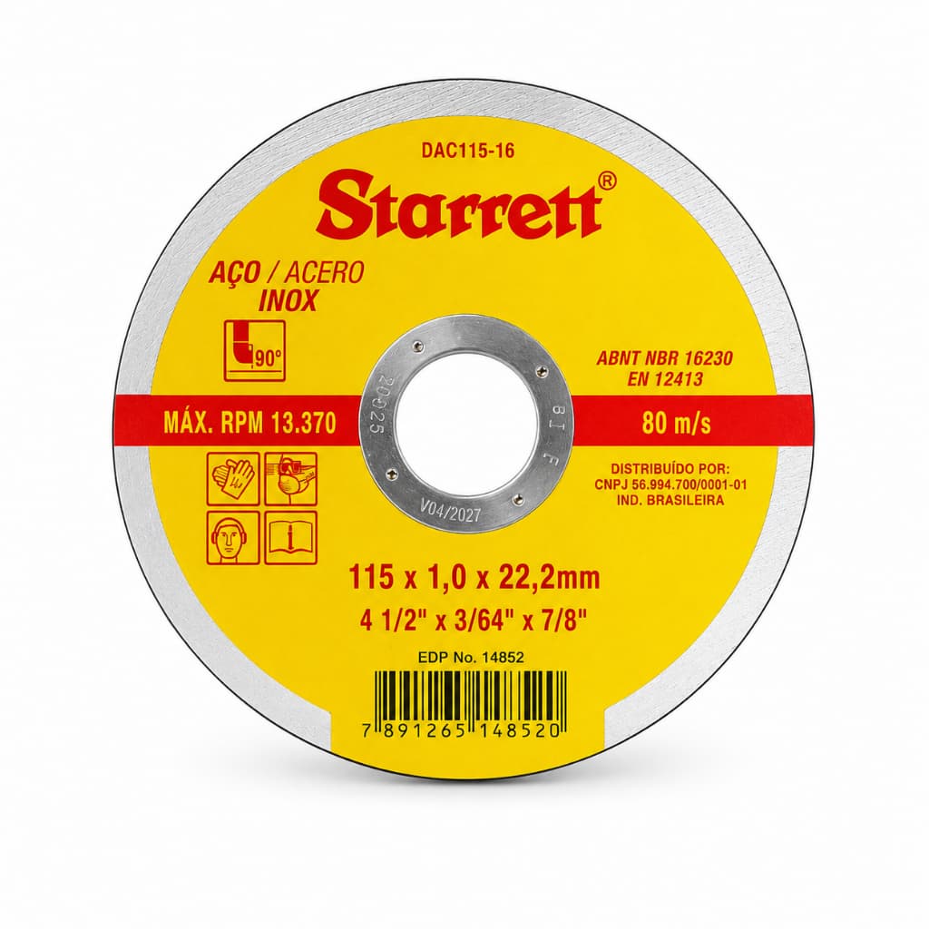 Disco de Corte Starrett 115mm 4.1/2" Inox Aço Carbono Original DAC115-16 Esmerilhadeira Serralheria