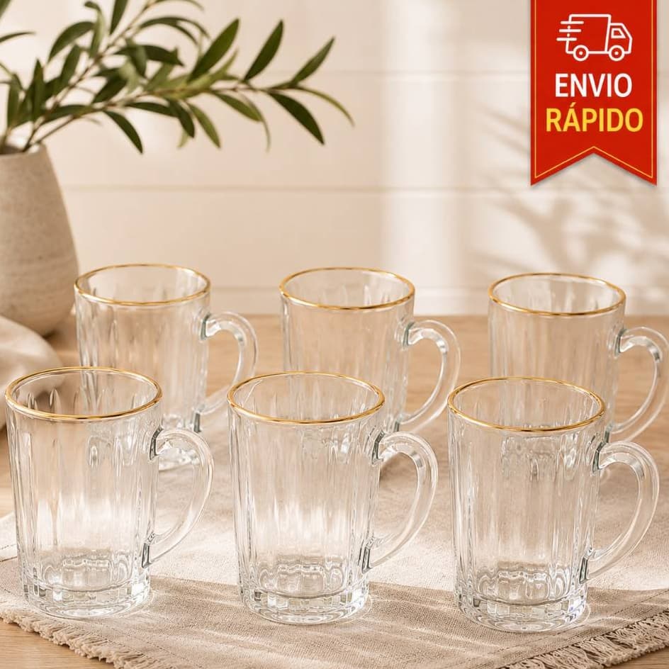 Jogo 6 Canecas de Vidro com Borda Dourada 90ml Xícara Café Espresso Cafezinho Elegante Mesa Posta Conjunto Borda Ouro