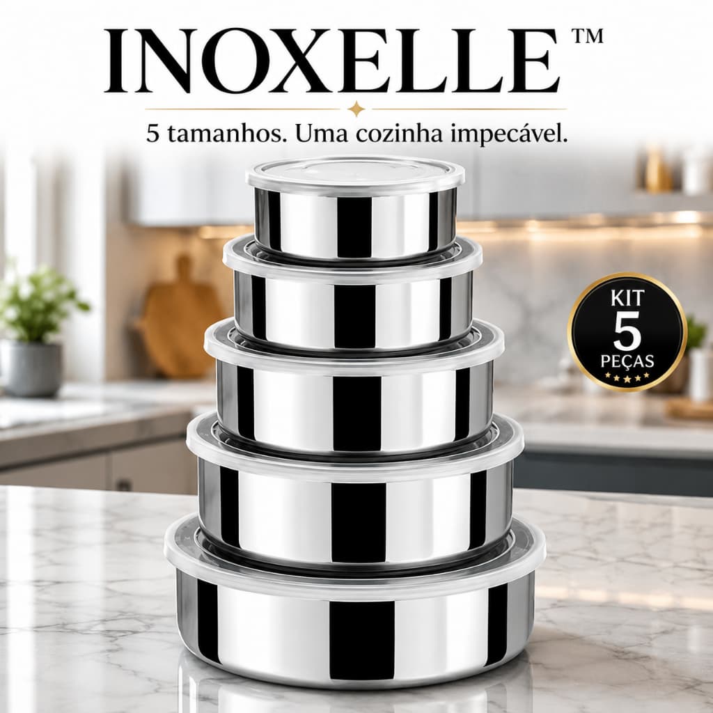 Kit 5 Potes Herméticos Inox Redondos com Tampa Vedante para Mantimentos