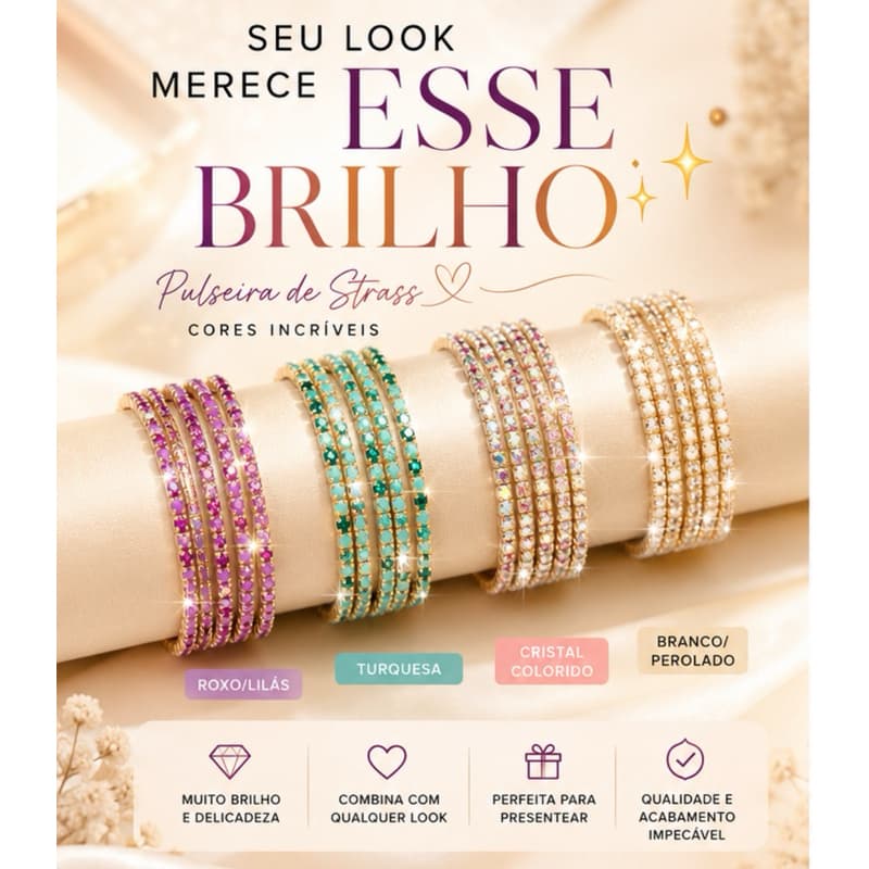 Pulseira de Strass Brilhante Colorida | Acessório Feminino Delicado Luxo Festa