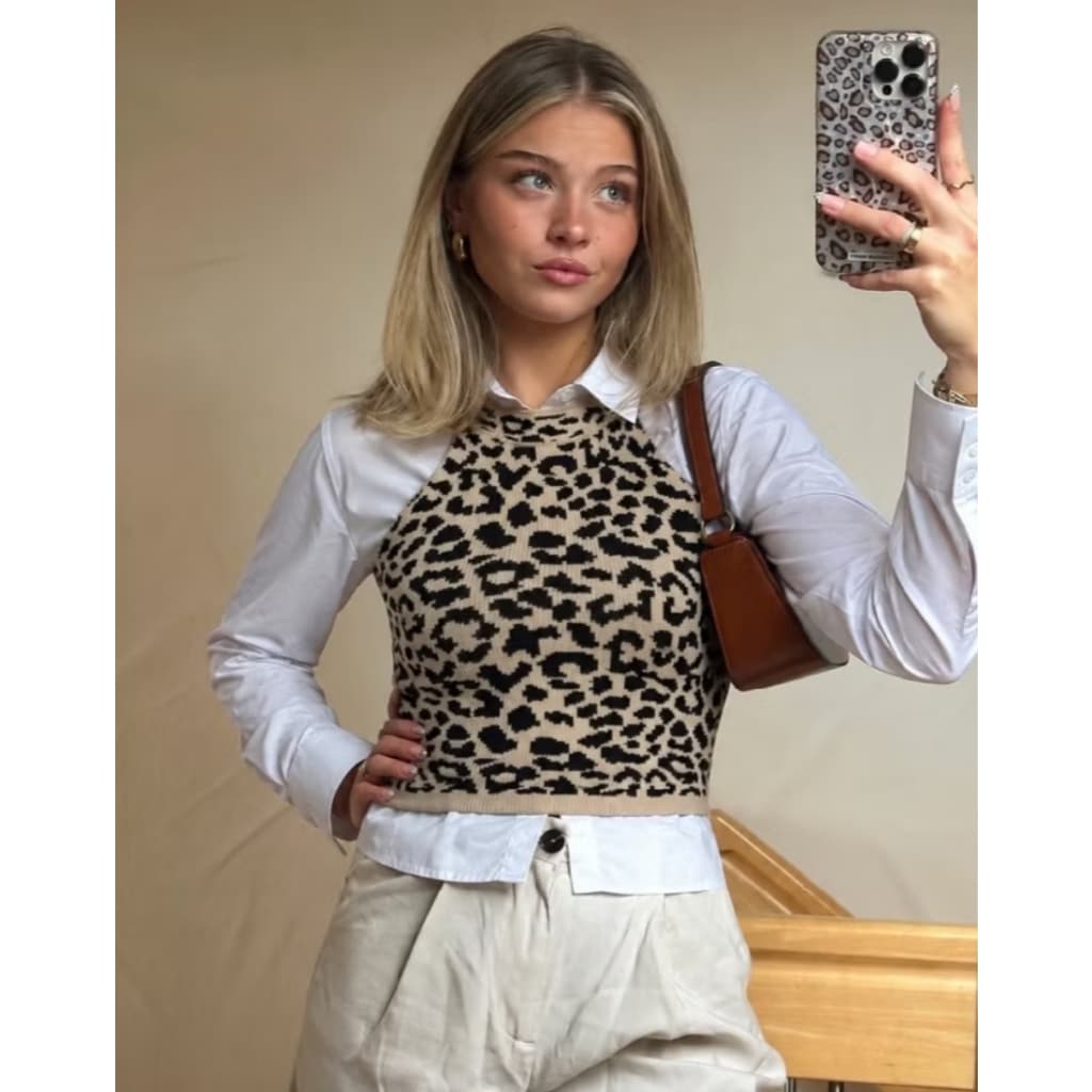 Top Cropped colete Regata Gola Redonda Onça Tricot Modal Verão Garrafinha Luxo Animal Print Oncinha