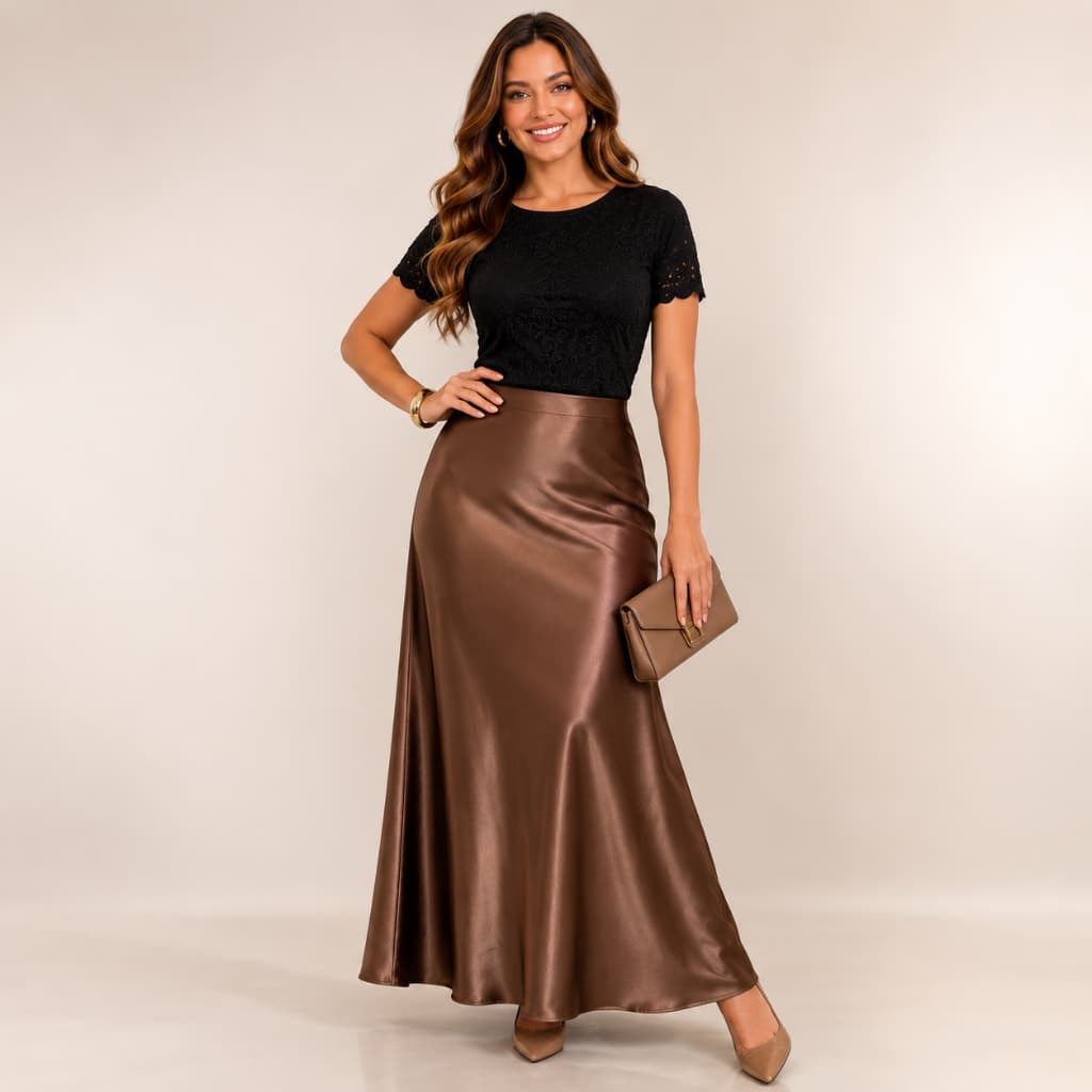 Saia Longa Cetim Feminina Acetinada Cintura Alta Elegante Zíper Elástico Festa Social Casual Midi Longa