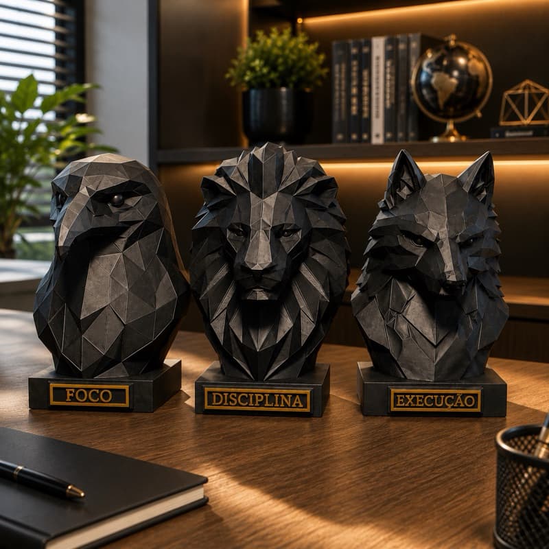 Kit Esculturas Corvo Leão Lobo 3 Peças Foco Disciplina Execução Decoração Para Executivos Escritório e Empresa