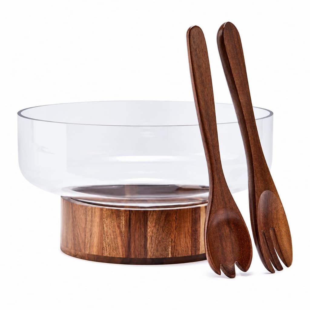 Conjunto Saladeira Vertus 7L 4 Peças Vidro com Base de Madeira e Talheres Member's Mark