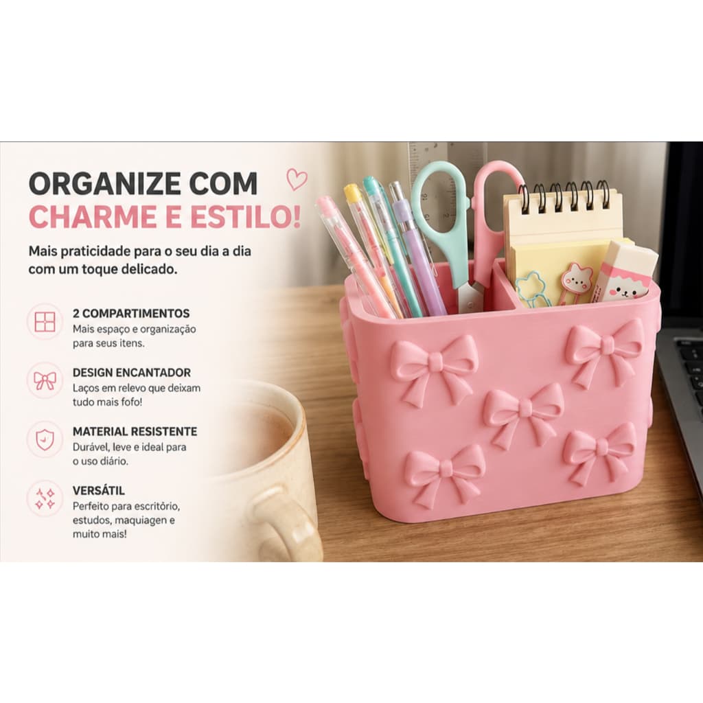 Organizador de Mesa Porta Canetas | Organizador de Escrivaninha Decorativo com Laços | Porta Lápis, Maquiagem e Material