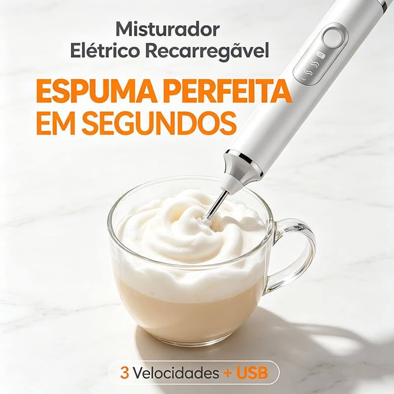 Misturador Elétrico Recarregável USB com 3 Velocidades para Espumar Leite, Café, Cappuccino, Bebidas, Receitas e Cremes