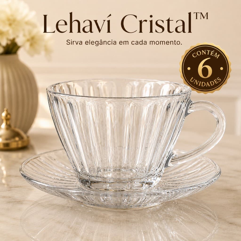 Jogo 6 Xícaras de Café Chá com Pires Vidro Cristal Transparente kit Cappuccino Premium elegante 210ml