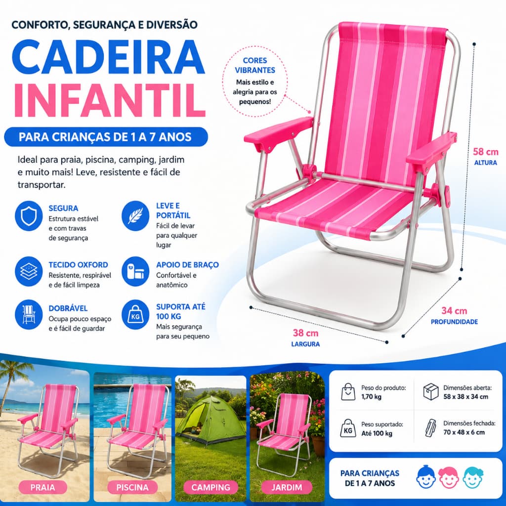 Cadeira Infantil Alta Mor  Rosa Dobrável Alumínio Praia Camping