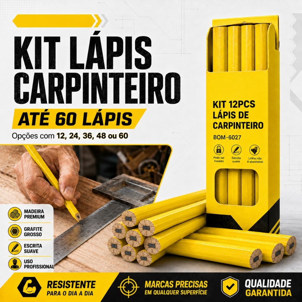 Kit até 60Lápis Carpinteiro Marceneiro Pedreiro Obra Madeira Drywall Grafite Grosso Profissional Gigante Artesanato Of