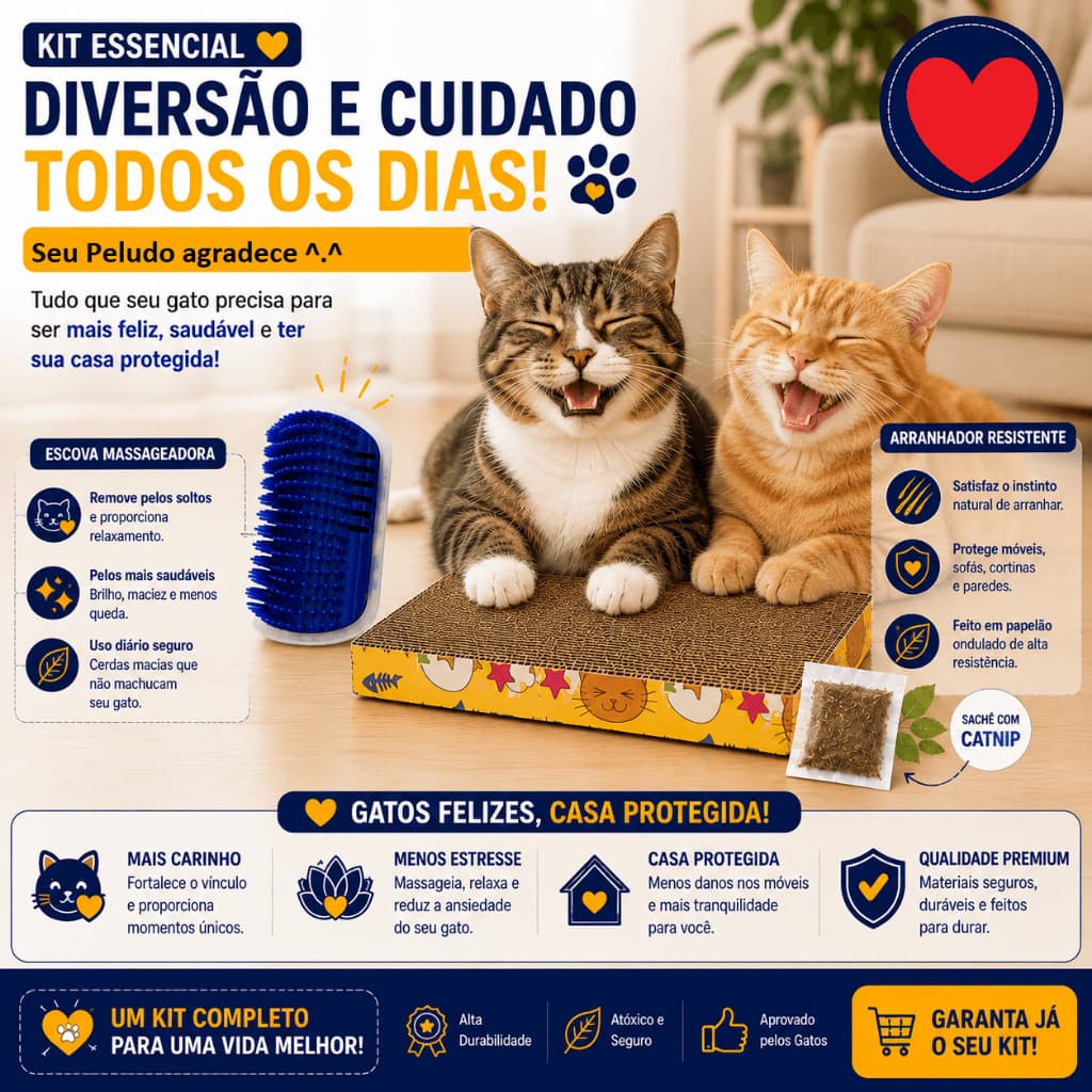 KIT - Arranhador para Gatos  Papelão Antiestresse Caminha + Escovas de Parede Gato Canto- Brinquedo Pet Catnip/ Massagem