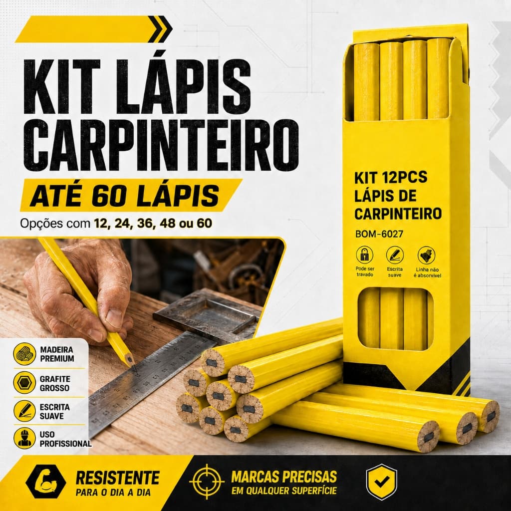 Kit até 60Lápis Carpinteiro Marceneiro Pedreiro Obra Madeira Drywall Grafite Grosso Profissional Gigante Artesanato