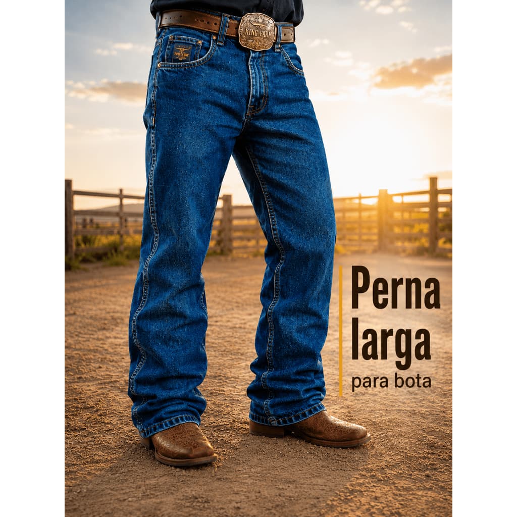 Calça King Farm Jeans Masculina Country  Denim Grosso Barra Larga Rodeio Trabalho Agro Calboy Peão Balão 100% Algodão