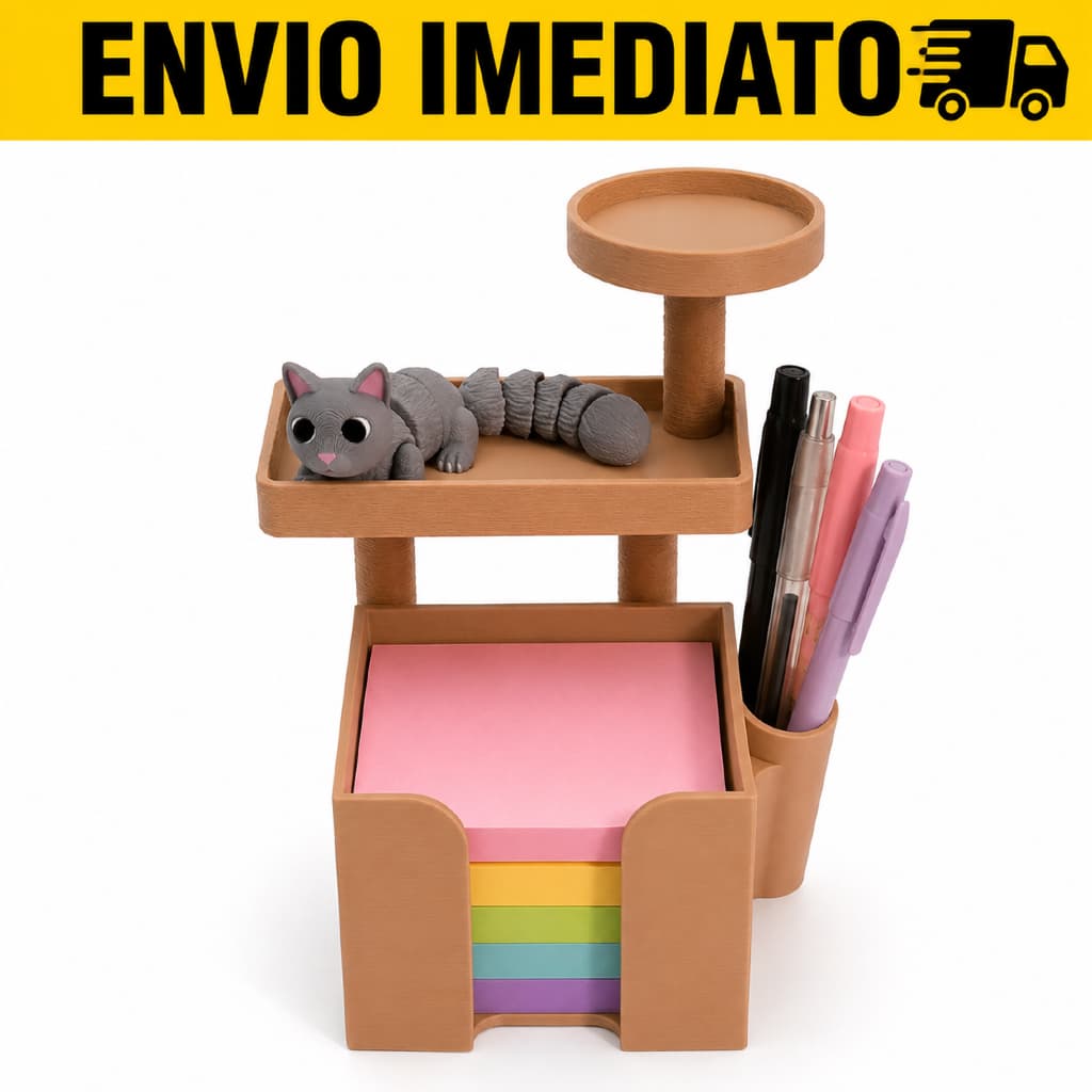 Organizador de Mesa Gatinho Porta Post-it e Canetas com Gato Flexível