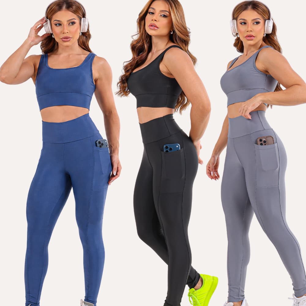 Conjunto Fitness Feminino Top Sustentação + Calça Bolso Com Compressão Tecido Grosso