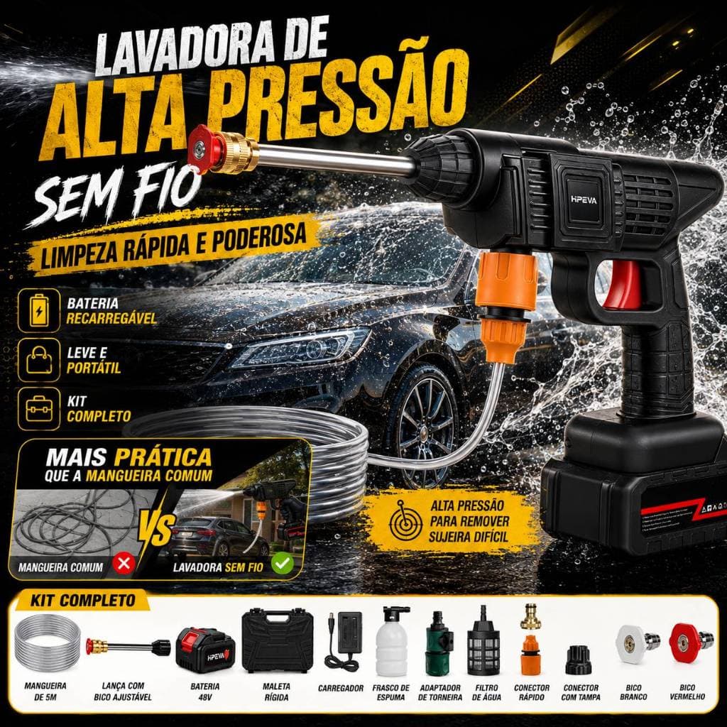 Pistola Lavadora de Alta Pressão Portátil com Bateria, Mangueira e Acessórios para Carro, Moto, Jardim, Piso e Quintal