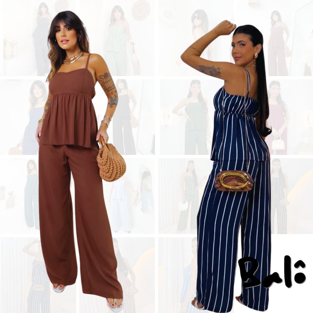 Conjunto Feminino em Viscolinho Bata de Alcinha Calça Pantalona com Forro