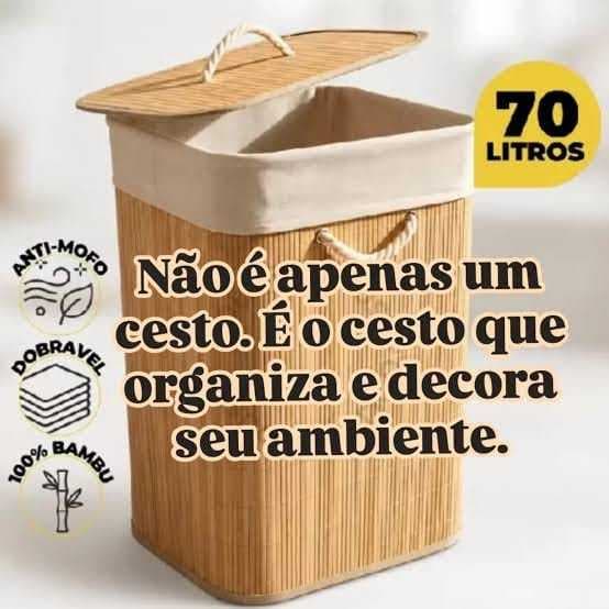 Cesto Organizador de Bambu 70 Litros com Tampa e Alças Grande para Roupas Lavanderia Quarto Banheiro