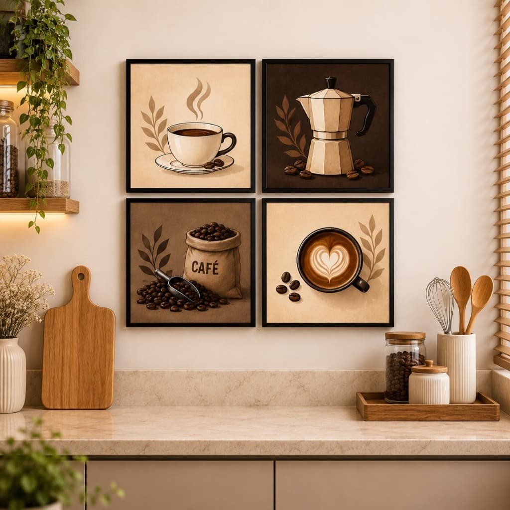 Kit 4 Quadros Decorativos Cantinho do Café Cozinha Gourmet MDF