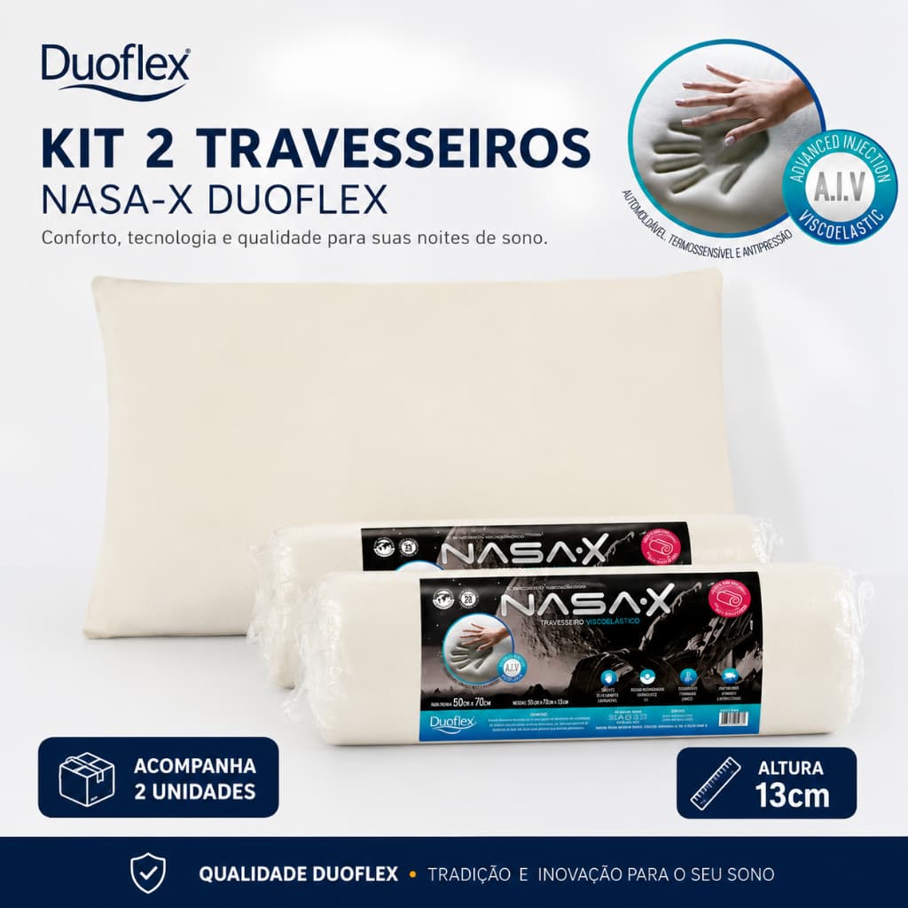 Kit 2 Travesseiros Duoflex Nasa X Espuma Viscoelástica Conforto Higiene Sono de Qualidade