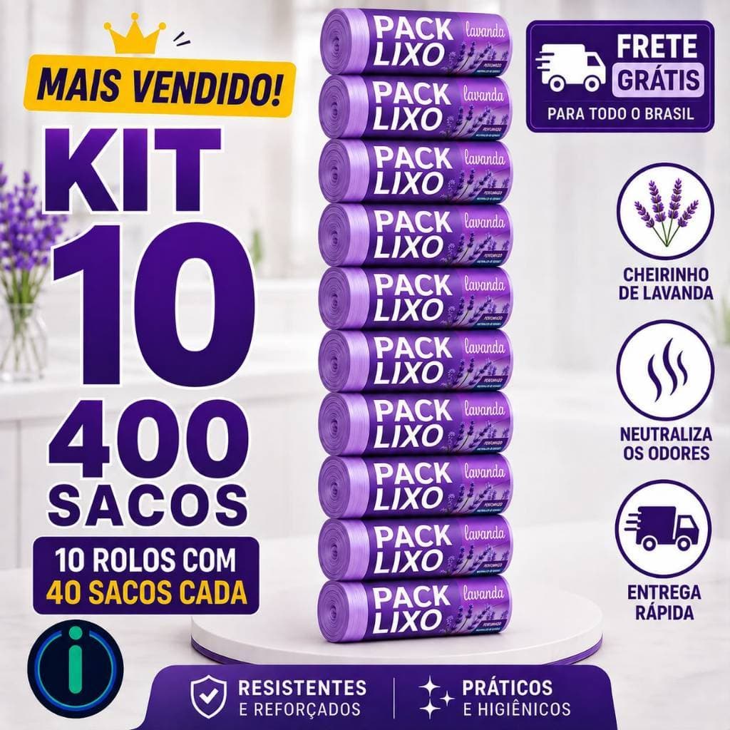 Kit 10 Saco de Lixo Perfumado Lavanda 400 Sacos Resistentes Fragrância Suave