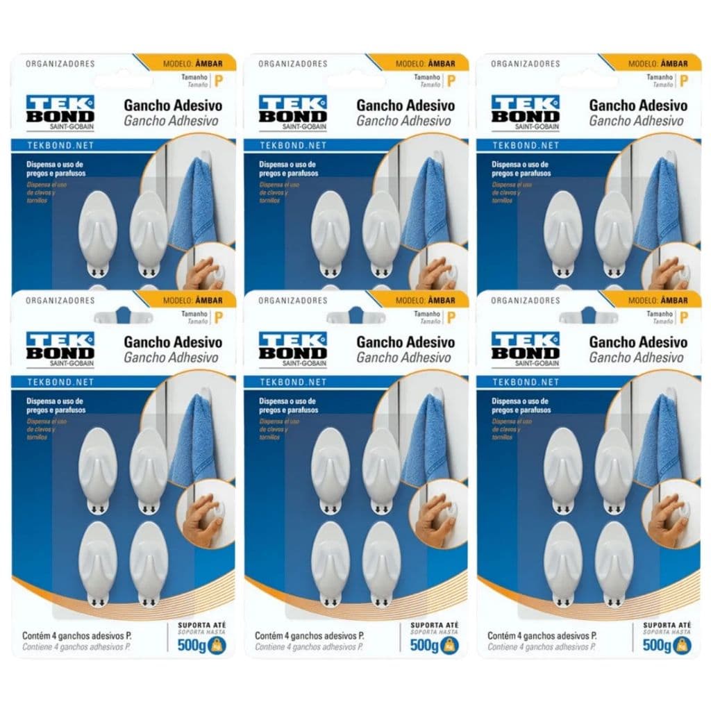 Kit 6 Ganchos Adesivos Tekbond Âmbar Branco Plástico P