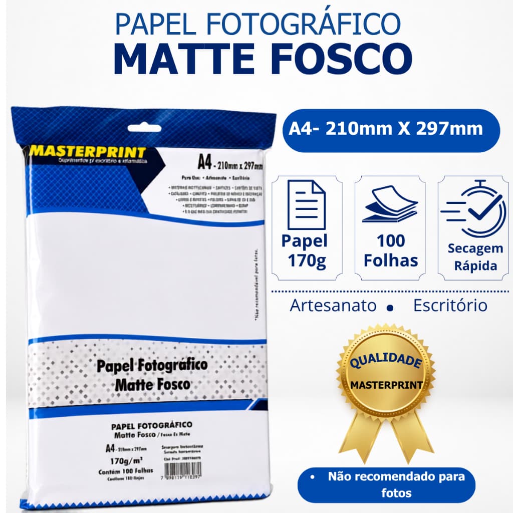 Papel Fotográfico A4 170g Matte Fosco 100 Folhas | Papel premium para Impressão e jato de tinta