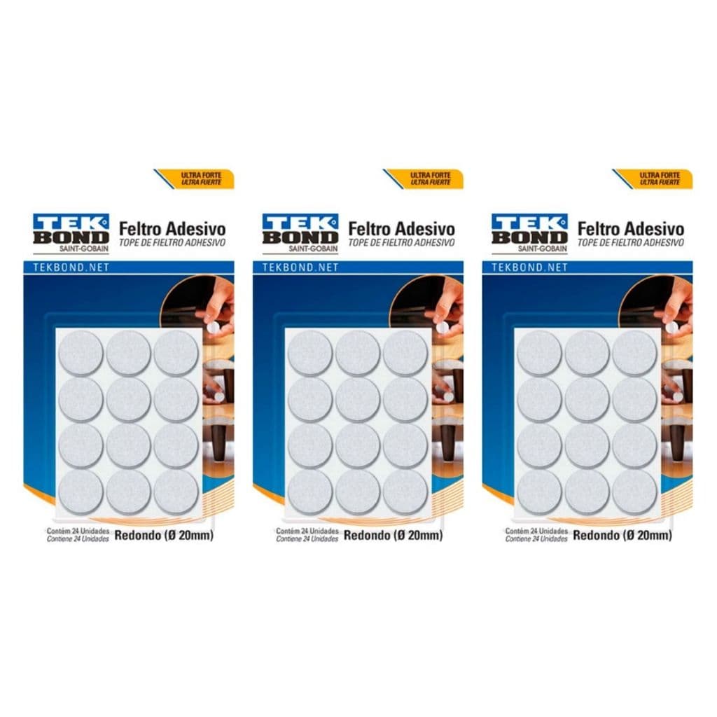 Kit 3 Feltro Adesivo Protetor Branco 20mm 24 Unidades Tekbond Sofá Mesa