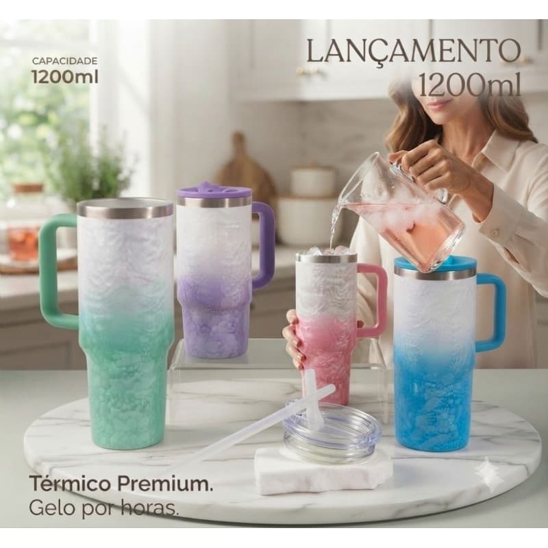Copo Garrafa Térmico 1200ml com Alça e Canudo Estilo Degradê Marmorizado Inox Parede Dupla Gelado Por Horas