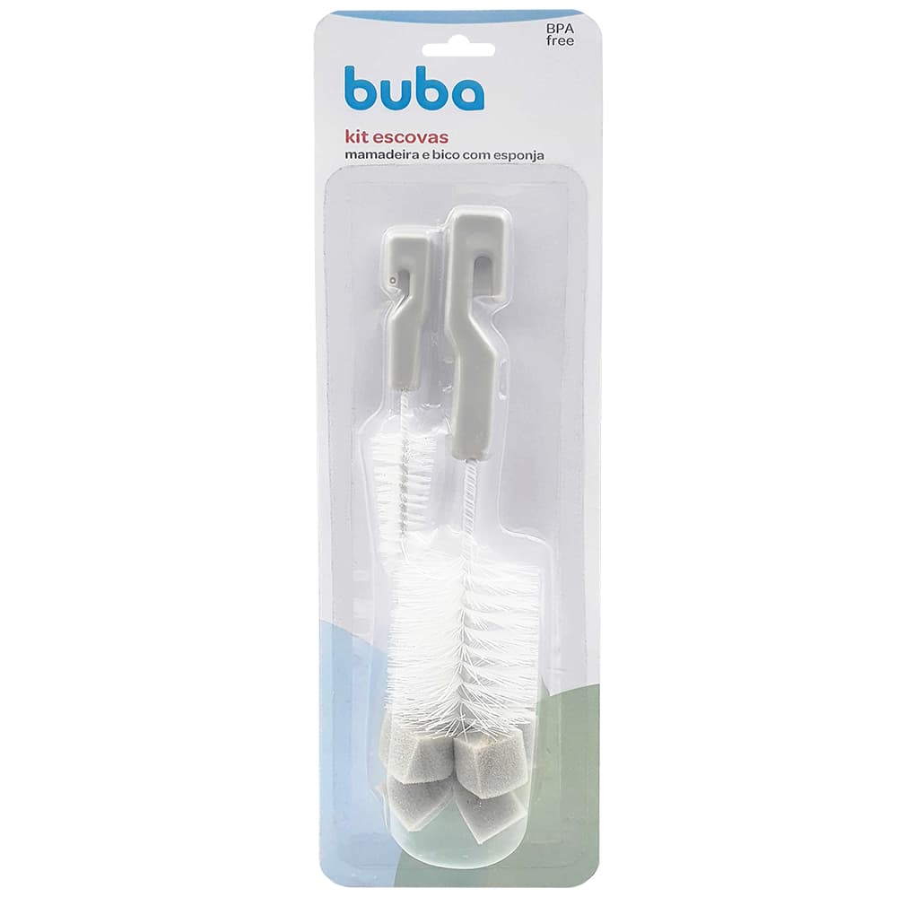 Kit 2 Escovas de Limpeza Buba Para Mamadeiras e Bicos de Todos os Tamanhos Com Esponja Cinza