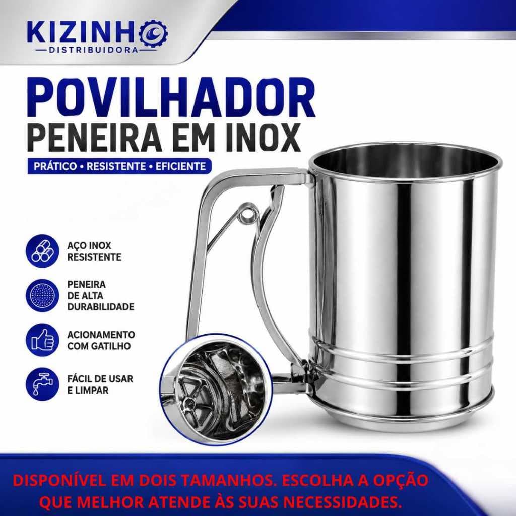 Polvilhador Peneira em Aço Inox com Gatilho Manual para Povilho Tapioca Farinha Açúcar Cacau Tempero