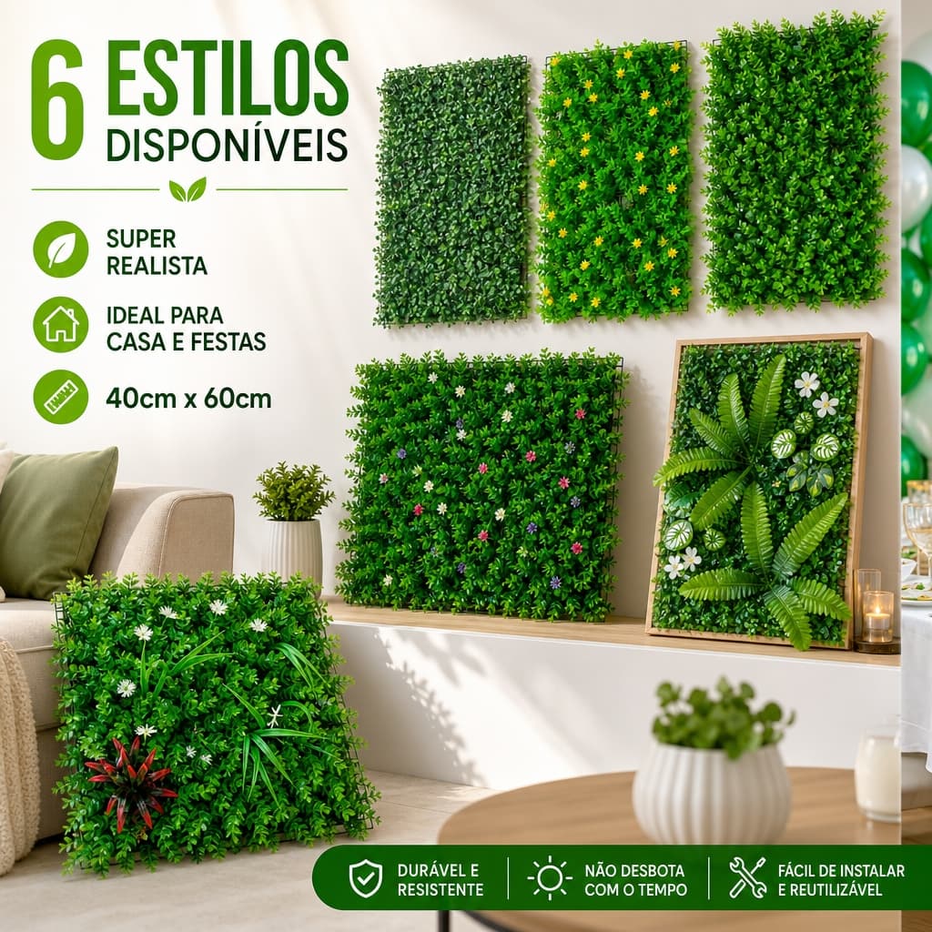 Jardim Vertical Artificial Premium Painel Verde Decorativo para Parede Interior Exterior