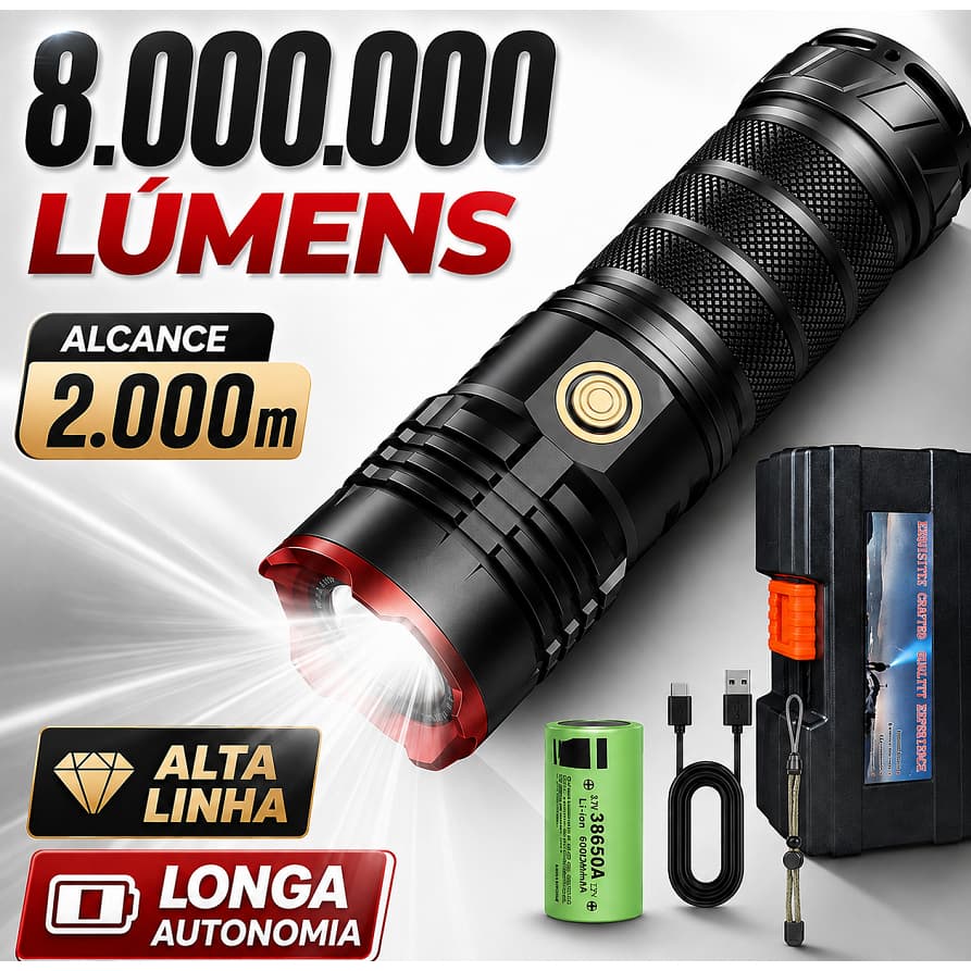 Lanterna Tática Recarregável 8000000 Lumens Longo Alcance 2000m com Zoom, 5 Modos, Bateria 38650 e Estojo Rígido