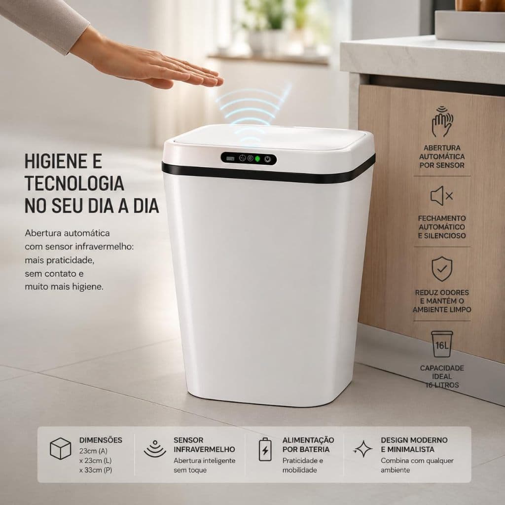 Lixeira Inteligente 16L com Sensor Automático, Sem Toque, USB, Tampa com Abertura Inteligente para Banheiro e Cozinha