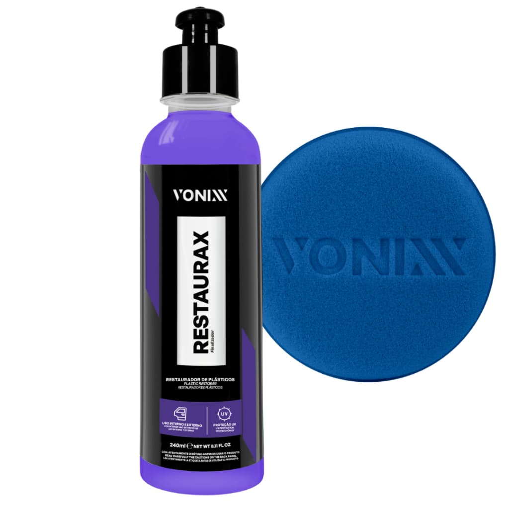 Restaurax Vonixx 240ml + Aplicador de Espuma Kit Restaurador de Plásticos Proteção UV Renova Para-Choque e Painel