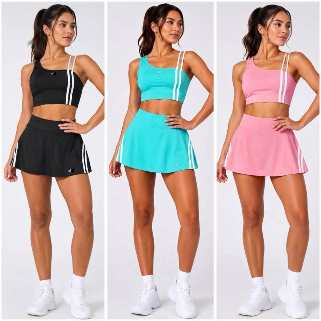 Conjunto Fitness Feminino Saia Shorts E Top Academia Com Listras Gringa