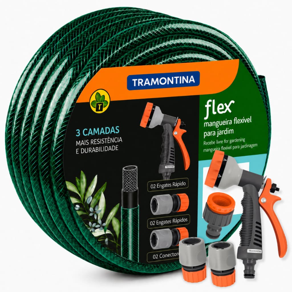 Mangueira Jardim Ate 50 Metros Tramontina Trançada 1/2" Esguicho Hidropistola 6 funções Bico C/ 3" Camadas Verde