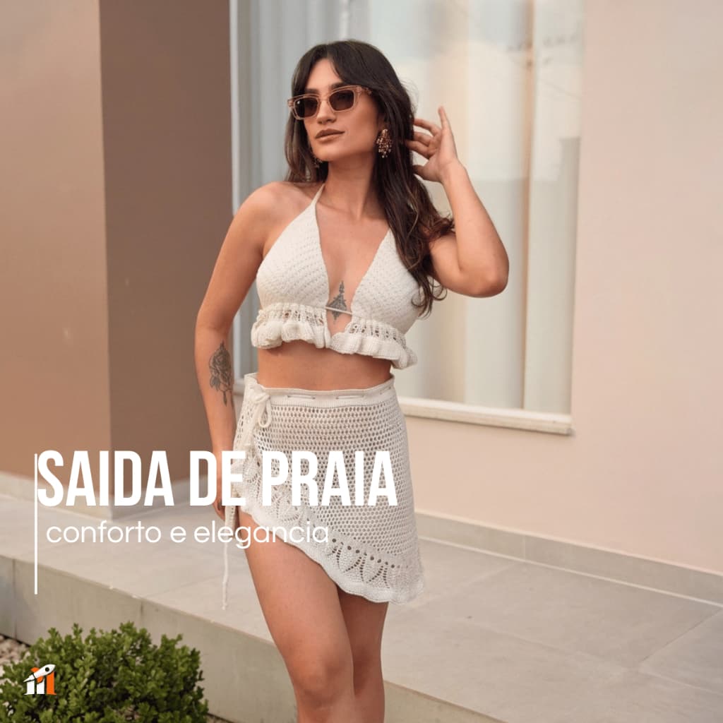 Conjunto Feminino Tricô Cropped Frente Única e Saia Pareô Saída de Praia Verão Elegante