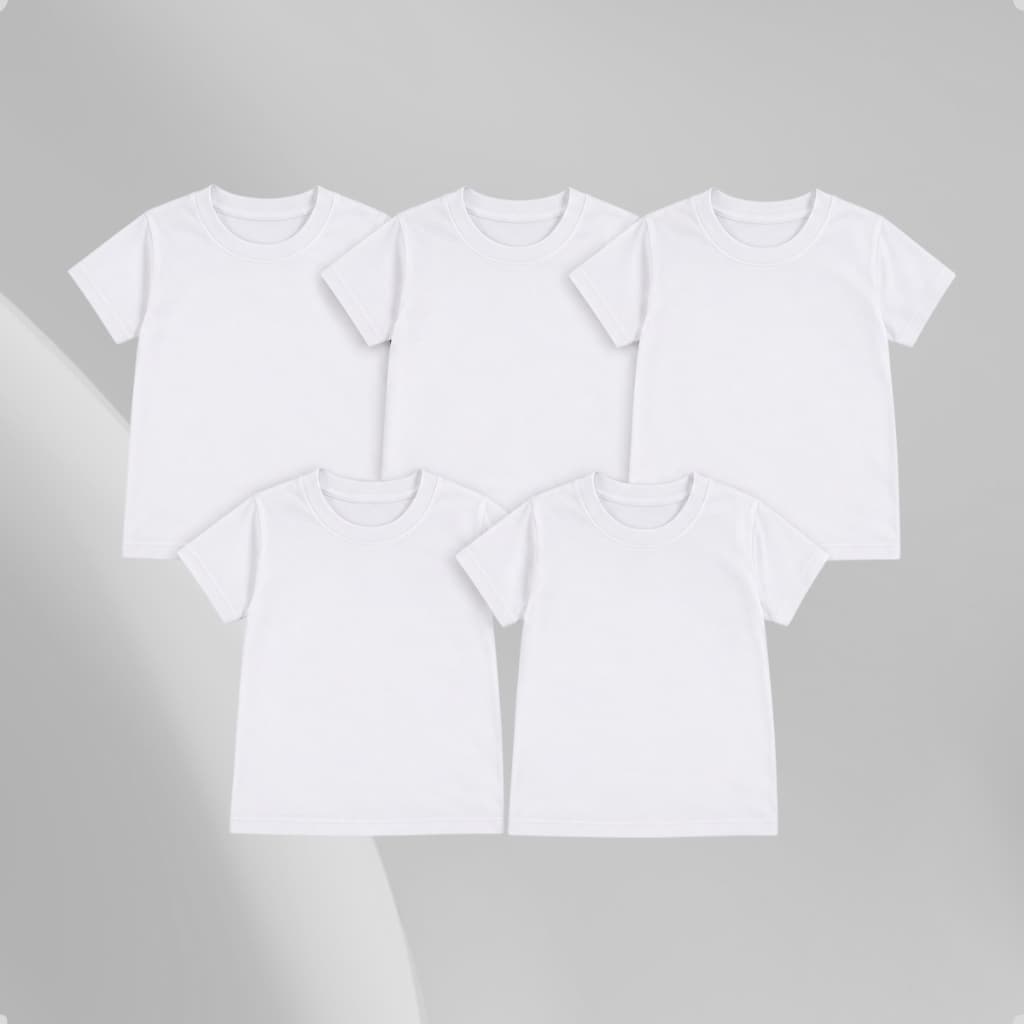 Kit 5 Camisetas Branca Lisas Meia Malha Manga Curta Infantil Atacado Unissex Menino e Menina