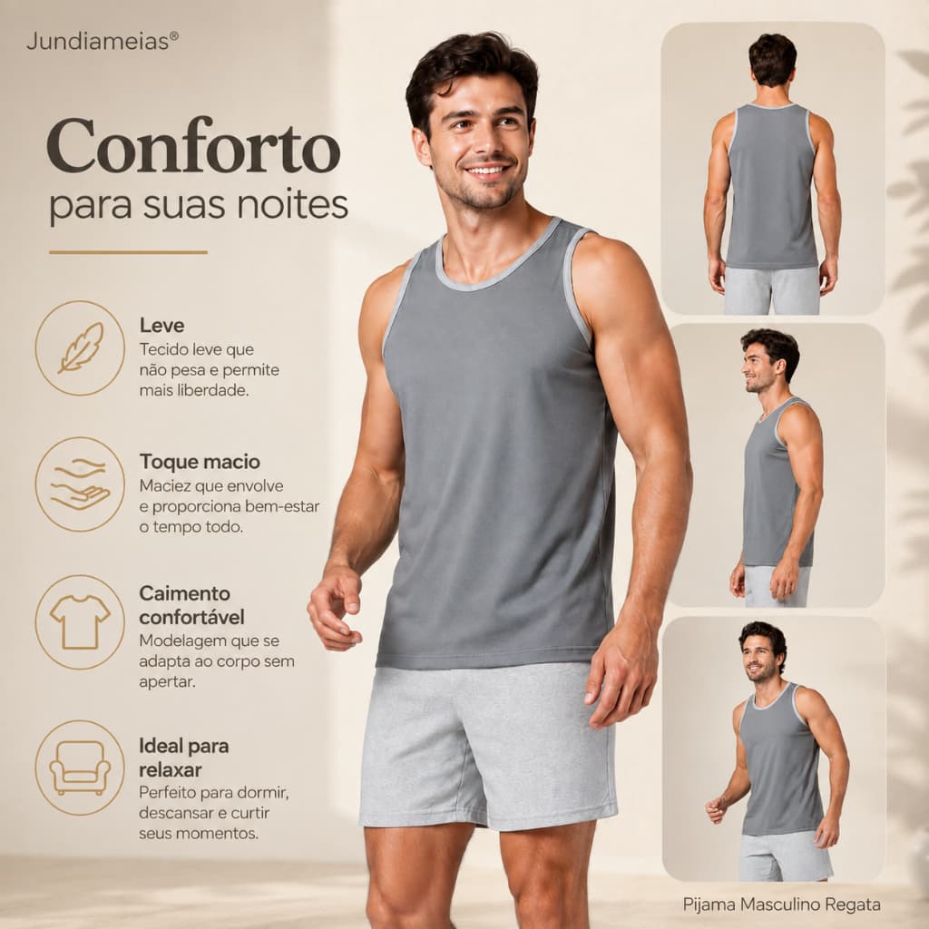 Pijama Jundiá Masculino Verão Regata com Shorts 100% Algodão Leve e Confortável cores sortidas